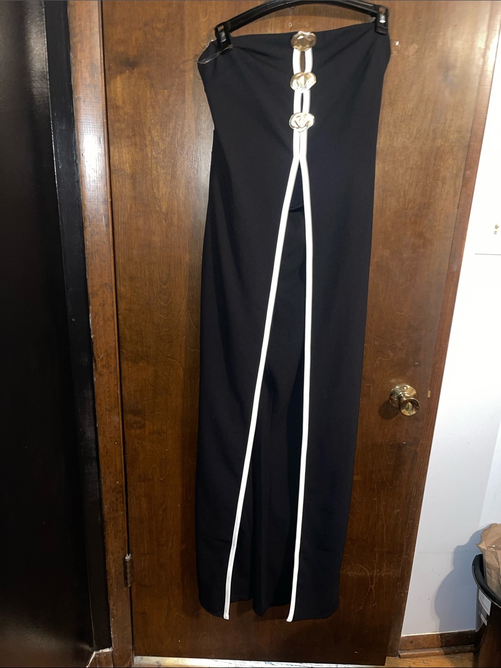 Fashion Nova Black Strapless Jumpsuit with White Trim and Gold Accents